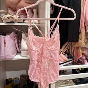 Pink Lace Trim Satin Bodysuit - Women's Intimates